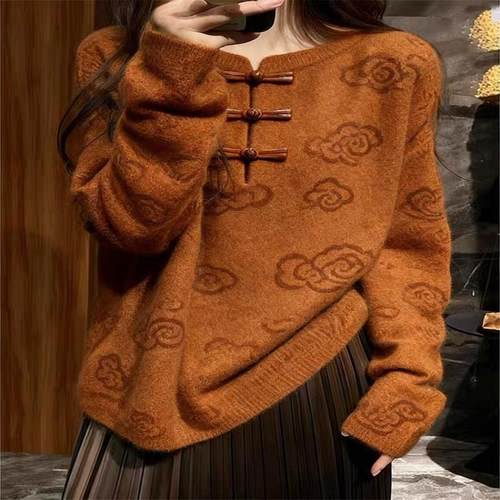 牛X货 巨炸裂！棕色新中式国风毛衣女秋冬高级感宽松内搭针织上衣