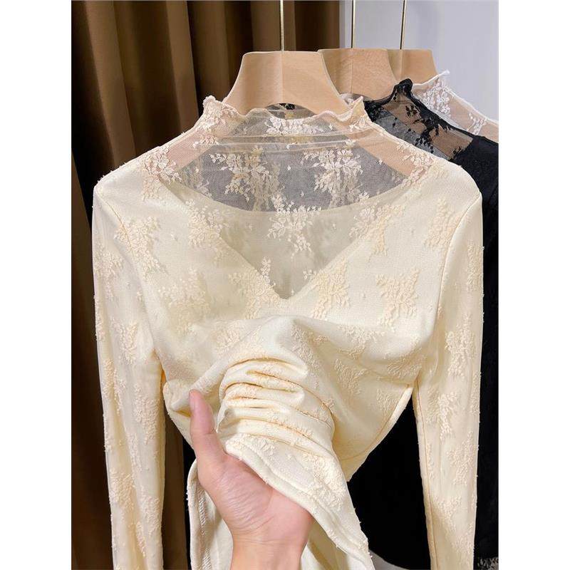 高领加绒蕾丝打底衫女秋冬2025新款保暖洋气内搭小衫毛衣叠穿纱衣,女装/女士精品,蕾丝衫/雪纺衫,淘宝优惠券,粉丝福利购,淘宝优惠卷