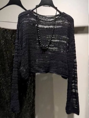 高腰短款薄款镂空套头罩衫女2024新款针织衫宽松显瘦长袖防晒上衣