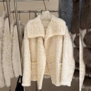 独特漂亮 初冬外套米白色慵懒风松弛感毛线衣大翻领气质女士上衣
