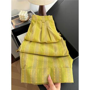 慵懒风高腰显瘦裤 女2025新款 子早秋 绿色条纹亚麻阔腿裤 清仓捡漏