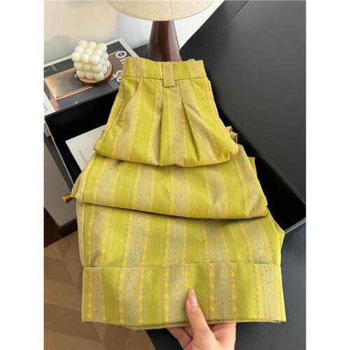 清仓捡漏~绿色条纹亚麻阔腿裤女2025新款慵懒风高腰显瘦裤子早秋