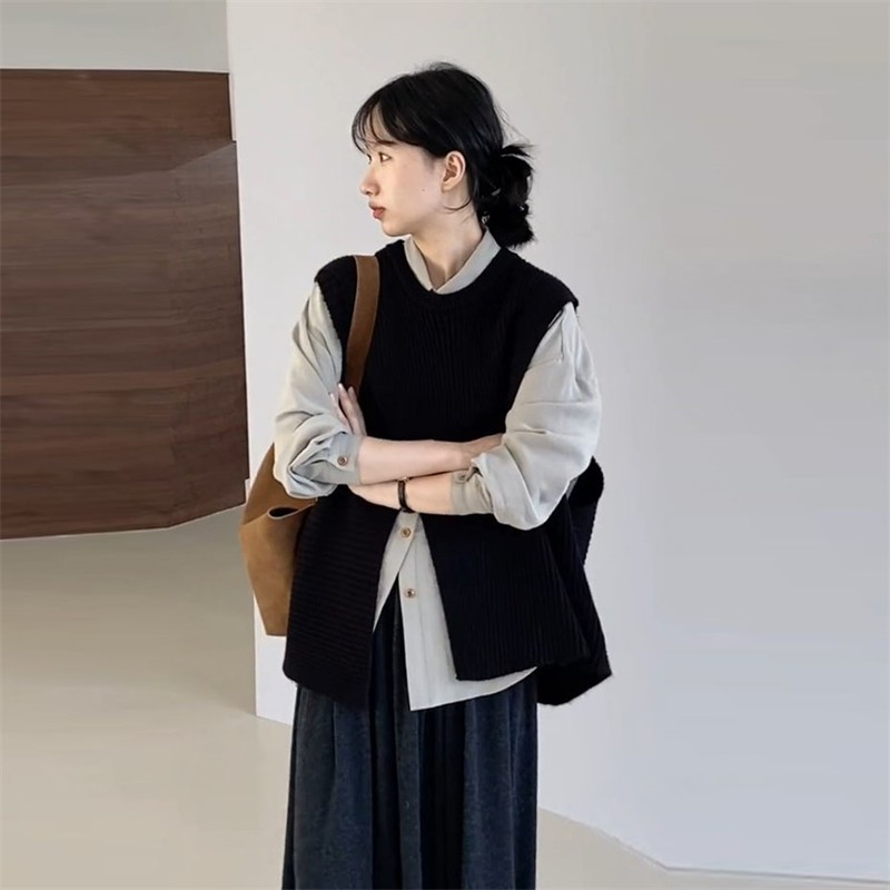 韩系穿搭一整套女装2024早秋新款时尚长袖衬衫搭配个性马甲两件套
