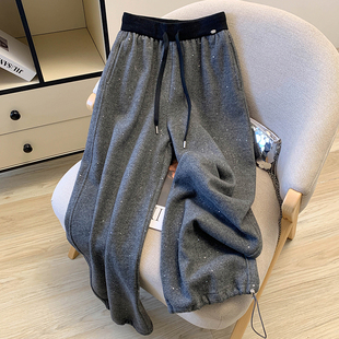 重工烫钻拼接抽绳松紧腰卫裤女弯刀裤加绒加厚宽松2025秋冬新款