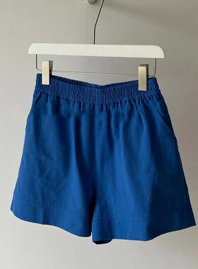 老渠道里的货！！蓝色短裤女夏季薄款美式松紧腰运动A字休闲裤子