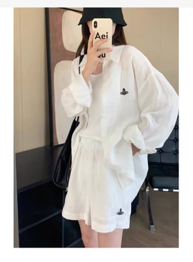 自留！老钱风土星刺绣Polo领亚麻套装女夏季高级感气质短裤两件套