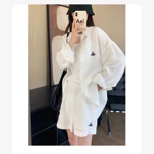 自留！老钱风土星刺绣Polo领亚麻套装女夏季高级感气质短裤两件套