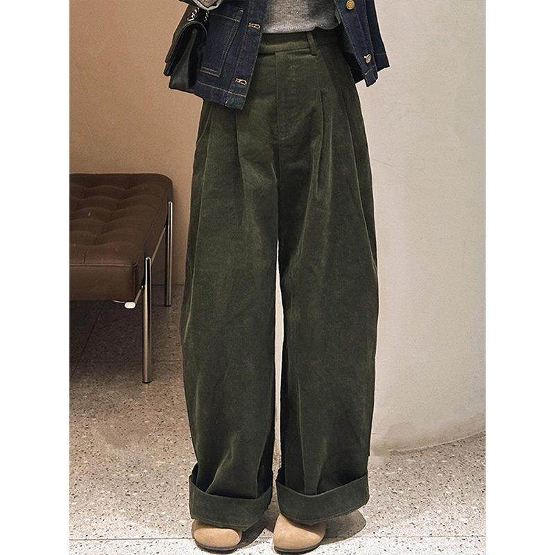 【高品质】墨绿色灯芯绒休闲裤◆2025秋季复古风高腰慵懒感阔腿裤,女装/女士精品,大码裤装,淘宝优惠券,粉丝福利购,淘宝优惠卷