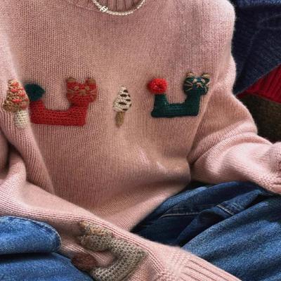 牛X货 巨炸裂！粉色提花刺绣套头毛衣女秋冬慵懒宽松针织上衣外套