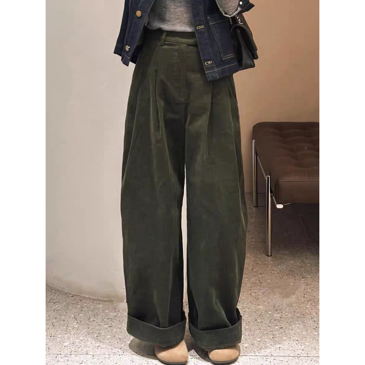 CHAO级推荐！绿色直筒翻边休闲长裤女日系复古高腰灯芯绒阔腿裤子