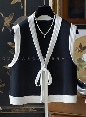上身就狠显瘦，狠洋气 麻花撞色白边飘带羊毛针织背心马甲V04085