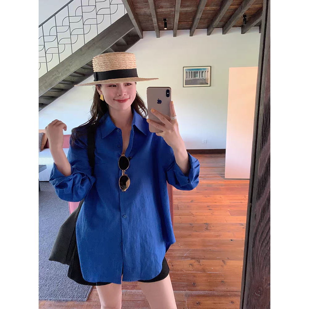 克莱因蓝苎麻衬衫夏季韩版宽松长袖薄款防晒衬衣chic上衣