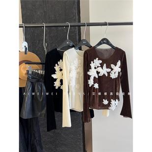 挚爱推荐!刺绣花高定设计师款醋酸绒面时髦单穿打底圆领上衣秋冬