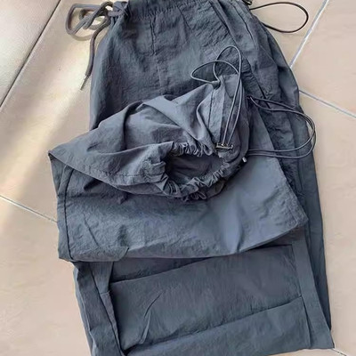 非常难遇的裤型！美式复古水泥灰工装速干裤女夏薄款抽绳束脚长裤