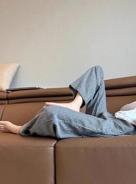 夏季今年流行款的高腰灰色条纹棉麻裤子女薄款通勤休闲阔腿裤长裤