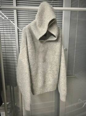 品牌折扣专柜外贸女装慵懒风小众气质浣熊绒带帽灰色连帽针织卫衣