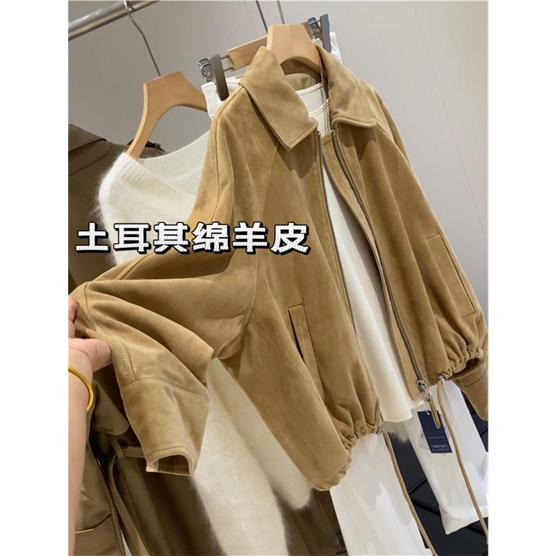 CHAO级推荐！高端土耳其绵羊皮下摆抽绳设计翻领廓形短款夹克外套