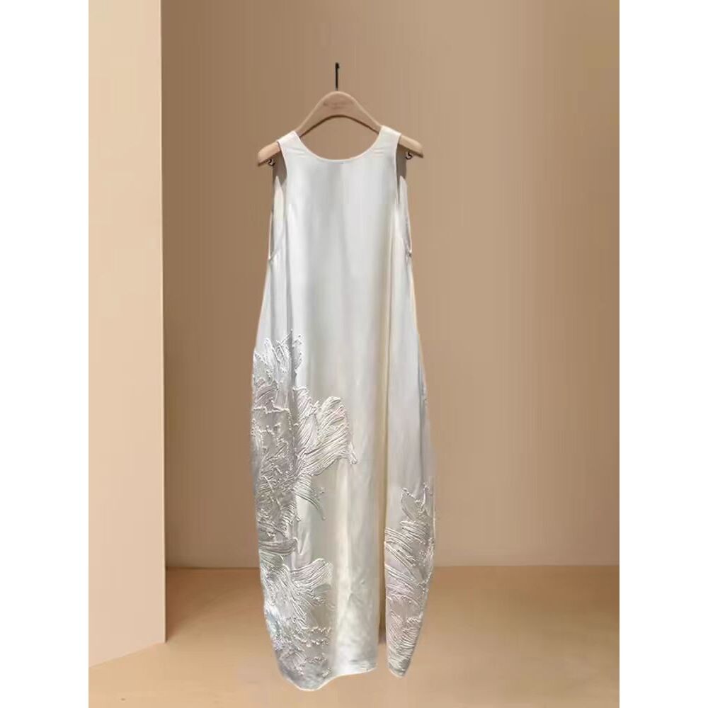 法国设计师！2024早春新中式轻国风米白色醋酸无袖连衣裙子女夏