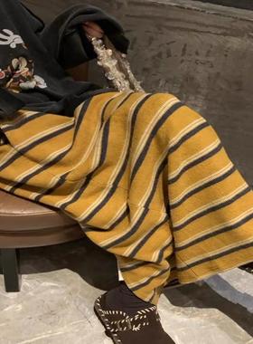 牛X货 巨炸裂！黄色条纹针织半身裙女秋冬慵懒显瘦直筒后开叉半裙