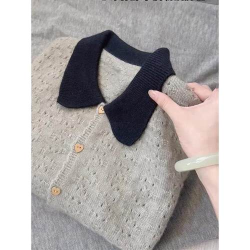 可以直接收！小香风慵懒气质撞色娃娃领长袖针织开衫2025早秋上衣