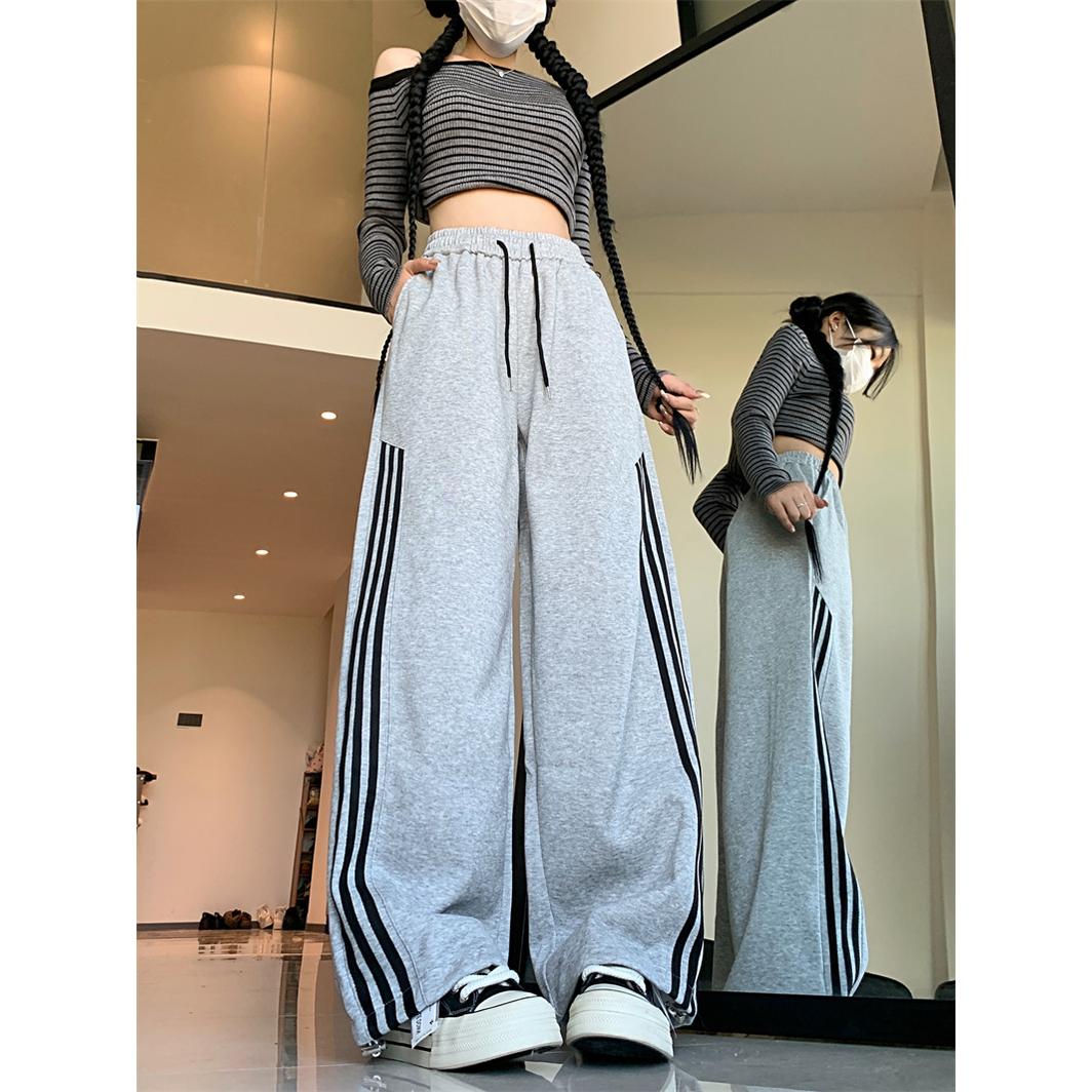 推荐！松紧腰抽绳侧条纹束脚运动卫裤女春秋宽松阔腿休闲长裤子