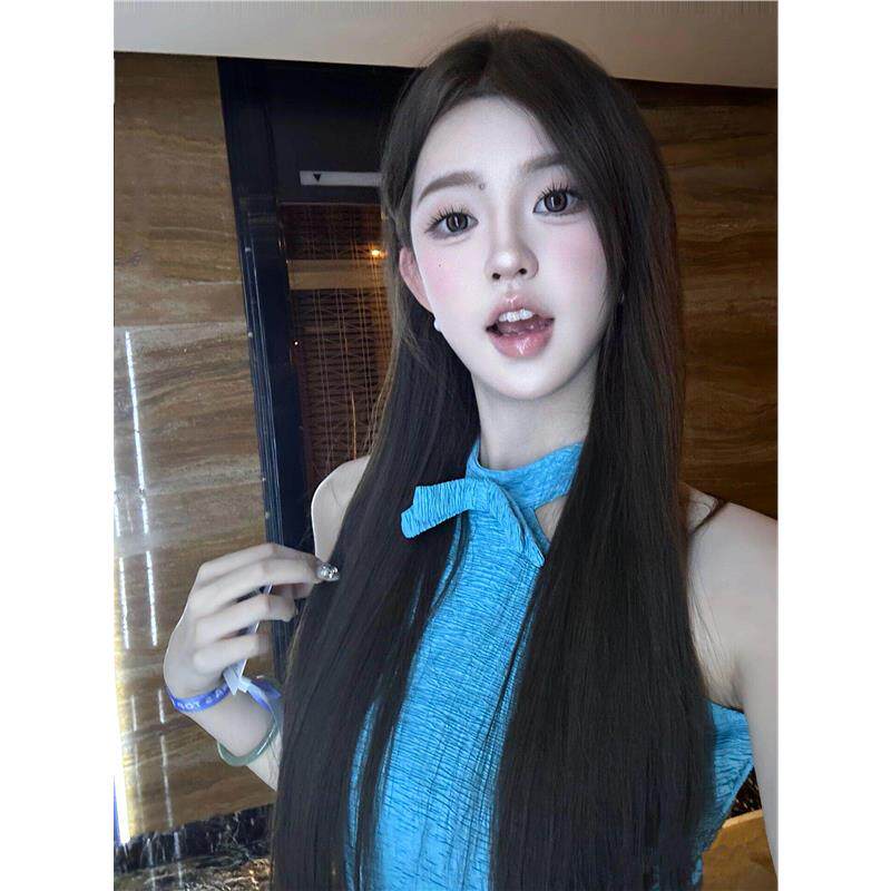 明星张元英同款蓝色挂脖连衣裙子质感高级感2026年初秋季新图片