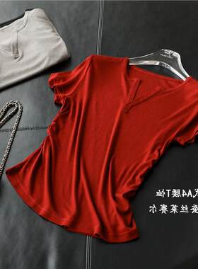 水面膜 腰精 T！含桑蚕丝莱赛尔 圆V领收褶修身显瘦短袖T恤女春夏