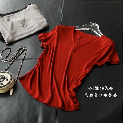 水面膜 腰精 T！含桑蚕丝莱赛尔 圆V领收褶修身显瘦短袖T恤女春夏