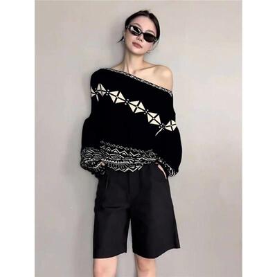 牛X货 巨炸裂！黑色斜肩套头毛衣女秋季慵懒宽松费尔岛针织衫上衣