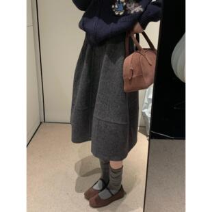 强烈推荐！复古毛呢A版半身裙女秋冬新款韩系极简压褶显瘦中长裙