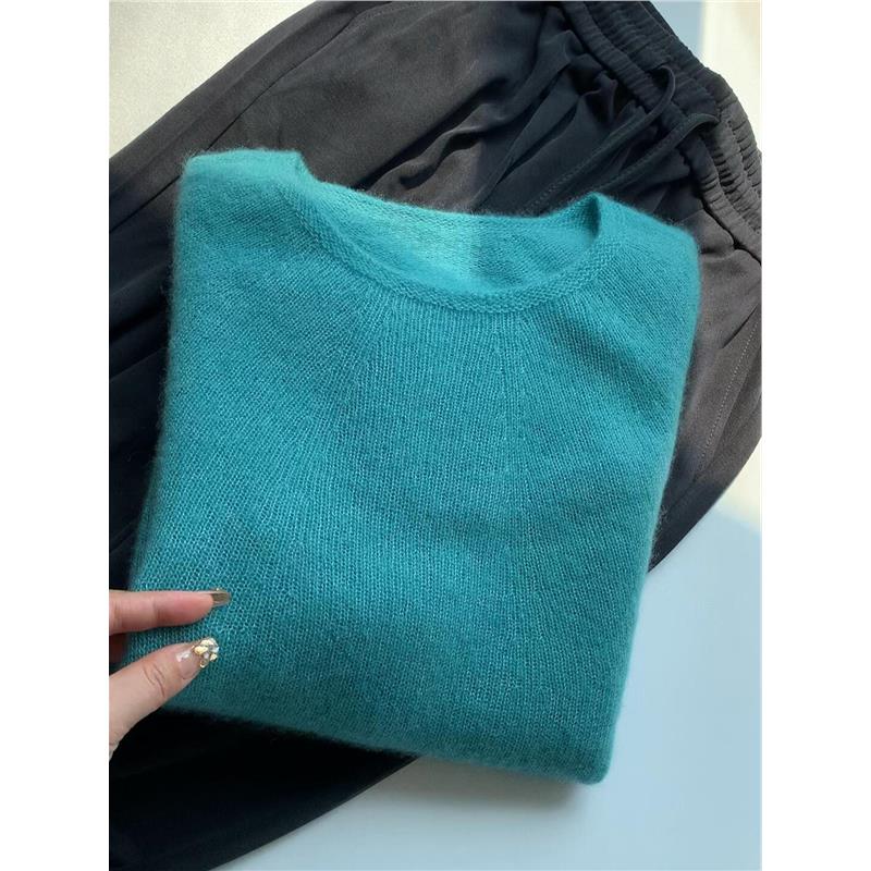 CHAO级！湖蓝色马海毛圆领毛衣女秋季新款软糯慵懒羊绒针织衫