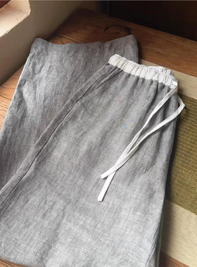 渠道货！掌柜自留推，亚麻花灰色拼接阔腿裤子女质感直筒宽松长裤