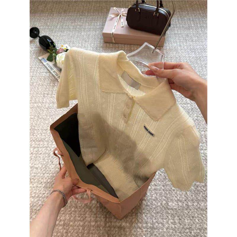 牛X货 巨炸裂！奶杏色polo领镂空针织衫女早春气质显瘦打底衫上衣