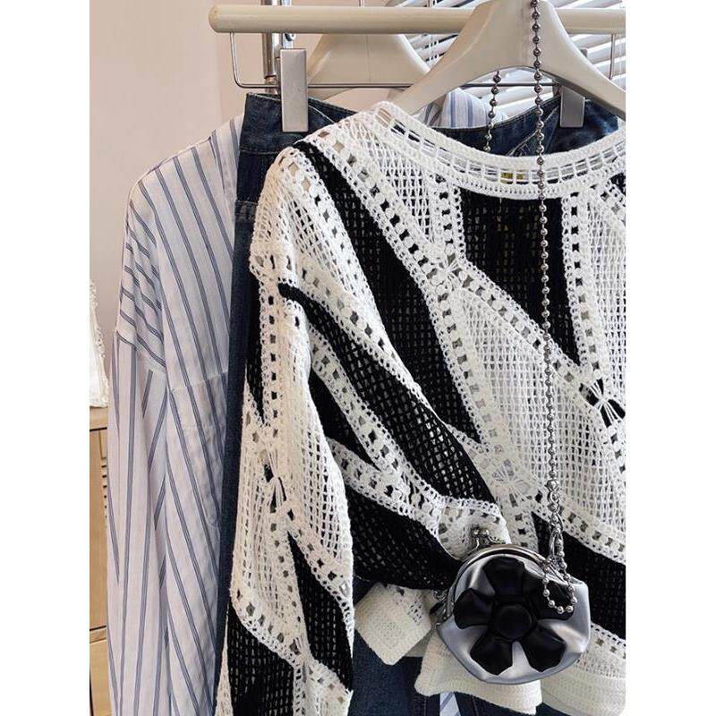 秒收！法式休闲复古通勤长袖针织衫女宽松气质显瘦镂空撞色上衣,女装/女士精品,毛针织衫,淘宝优惠券,粉丝福利购,淘宝优惠卷