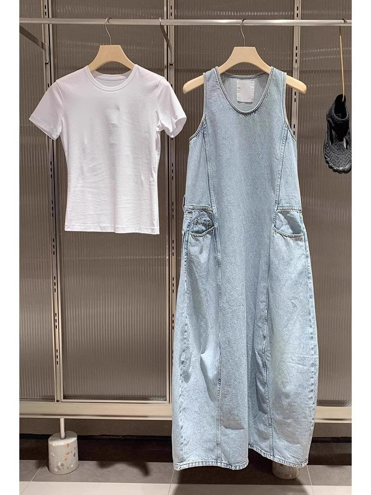 一线折扣清仓捡漏2024时尚炸街短袖T恤浅蓝色牛仔背带裙套装女夏