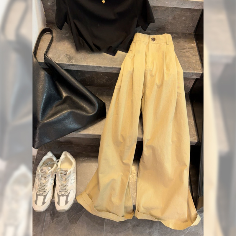 墙裂推荐！韩系气质小众阔腿裤西裤女时尚高腰显瘦黄色休闲裤子
