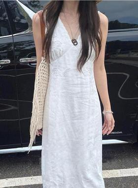 清仓捡漏~牛X货 巨炸裂！法式百搭洋气度假无袖白色亚麻连衣裙女