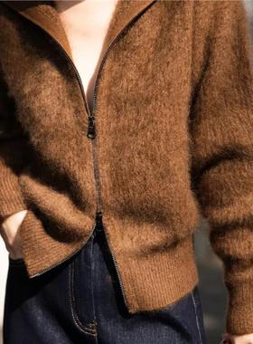之*禾同款 皇室拉绒100%纯山羊绒双拉链翻领加厚外套女开衫