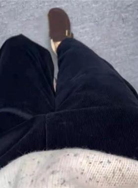 挚爱推荐！高腰直筒藏蓝色条绒休闲裤女秋冬简约通勤灯芯绒九分裤