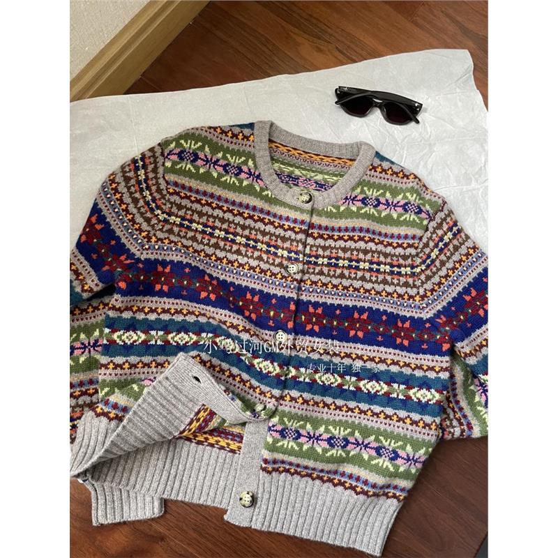 纯！原单线*拉夫费尔岛，复古重工彩色提花圆领绵羊毛毛衣开衫女