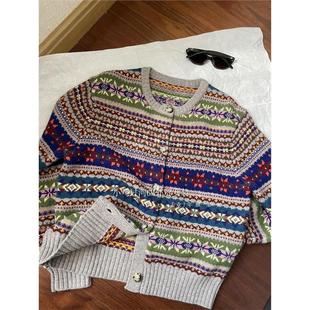 复古重工彩色提花圆领绵羊毛毛衣开衫 拉夫费尔岛 女 原单线 纯