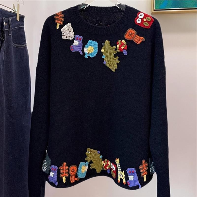 巨好看的韩系轻熟上衣黑色提花刺绣针织毛衣外套女秋冬慵懒高级感