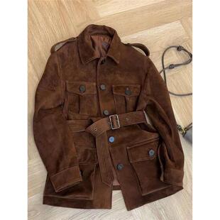 专柜撤回美拉德红棕色腰带麂皮绒口袋外套中长款 独特超好看轻熟风