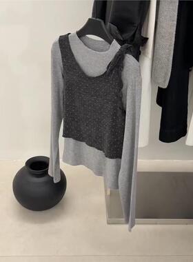 怒推！外贸单品质，高级感小众波点绑带吊带叠穿灰色针织衫两件套