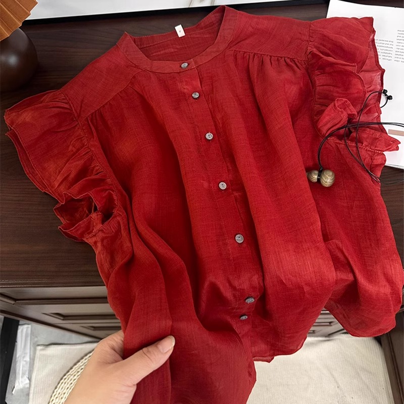 墙裂推荐！巨显白！复古时髦荷叶边短袖苎麻衬衫女圆领单排扣上衣