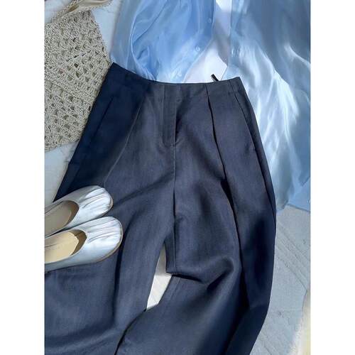 CHAO级推荐！老钱风藏青色休闲裤女夏季高腰压褶时尚亚麻西装裤子