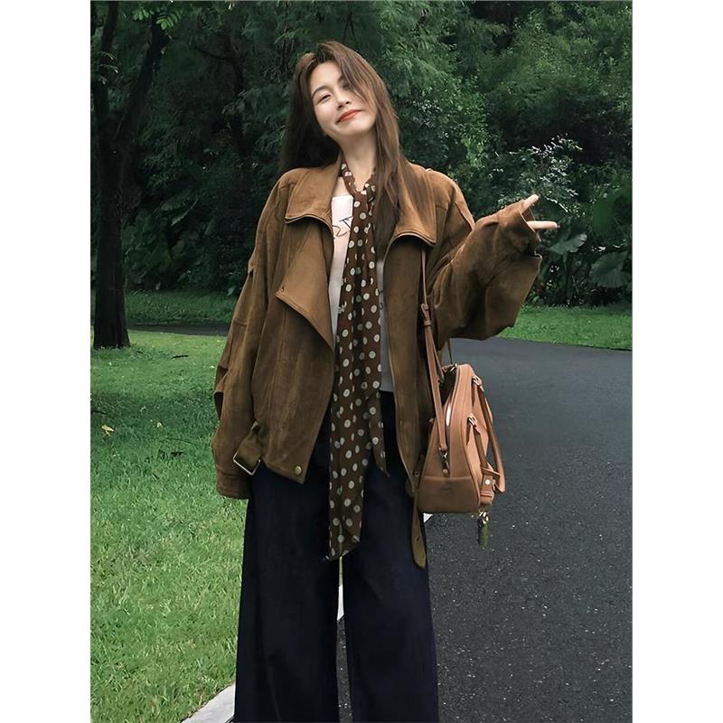 美拉德风麂皮绒机车外套女秋季2025新款街头高级感翻领廓形感夹克