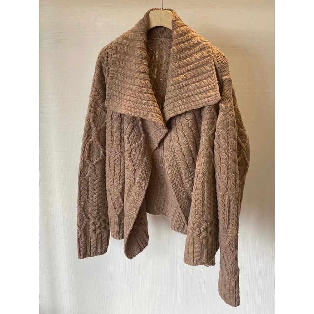 CHAO级推荐！韩系复古咖色~法式气质大翻领针织毛衣外套女秋冬潮