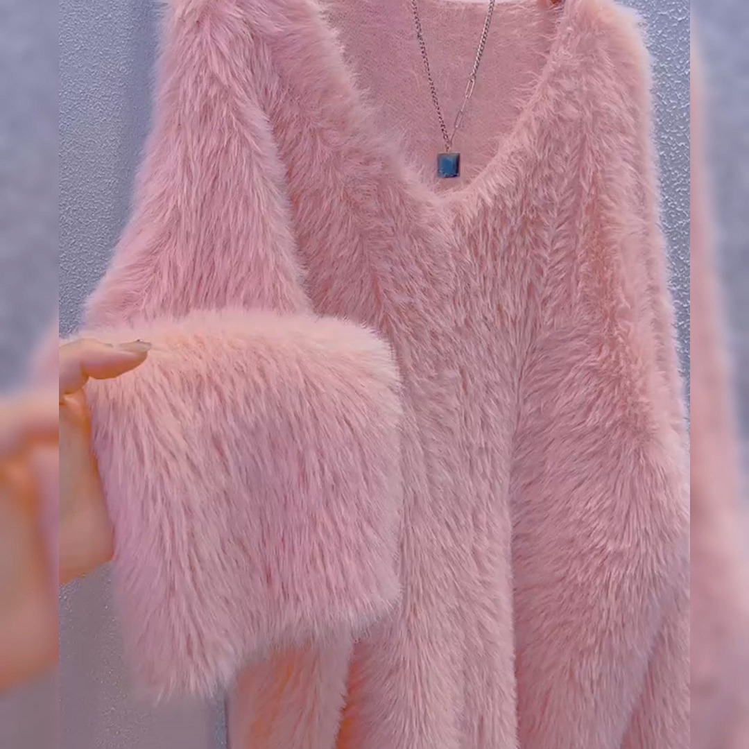 柜单，太喜欢这个调调了！新款慵懒风粉色毛衣女貂绒软糯针织衫