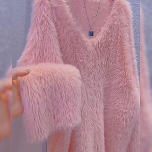 慵懒风粉色毛衣女貂绒软糯针织衫 新款 太喜欢这个调调了 柜单